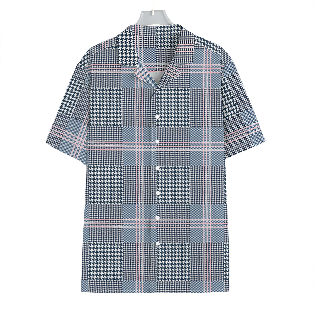 Navy And White Glen Plaid Print Hawaiian Shirt