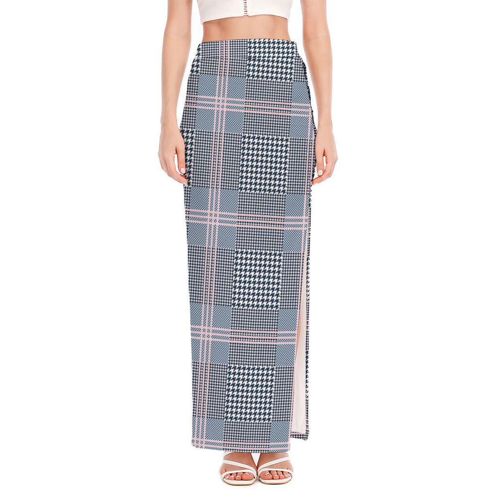 Navy And White Glen Plaid Print High Slit Maxi Skirt