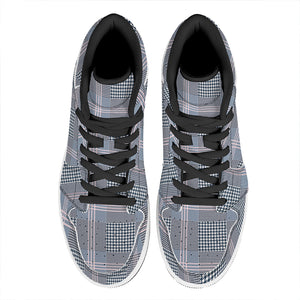 Navy And White Glen Plaid Print High Top Leather Sneakers