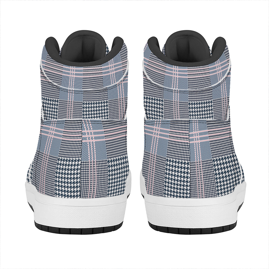 Navy And White Glen Plaid Print High Top Leather Sneakers