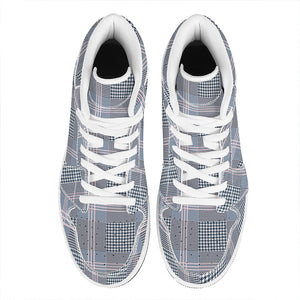 Navy And White Glen Plaid Print High Top Leather Sneakers