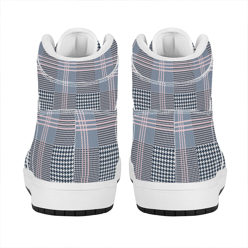 Navy And White Glen Plaid Print High Top Leather Sneakers