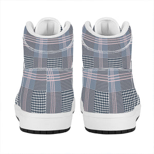 Navy And White Glen Plaid Print High Top Leather Sneakers