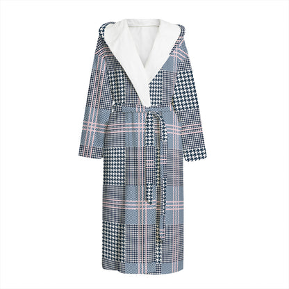 Navy And White Glen Plaid Print Hooded Bathrobe