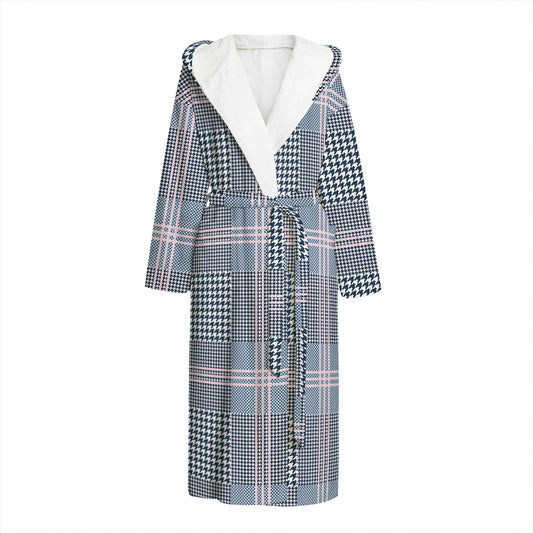 Navy And White Glen Plaid Print Hooded Bathrobe