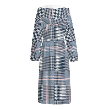 Navy And White Glen Plaid Print Hooded Bathrobe