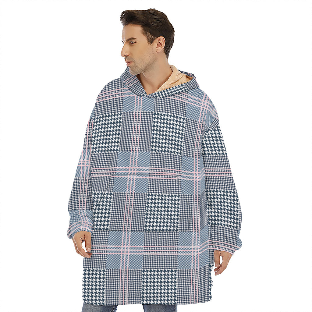 Navy And White Glen Plaid Print Hoodie Blanket