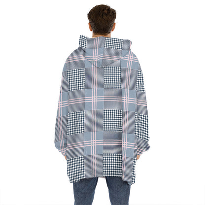 Navy And White Glen Plaid Print Hoodie Blanket