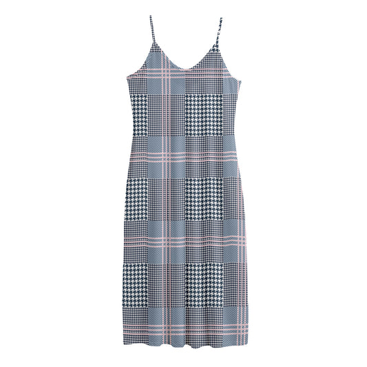 Navy And White Glen Plaid Print Jersey Midi Cami Dress
