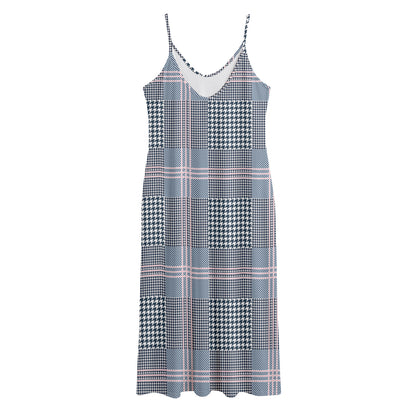 Navy And White Glen Plaid Print Jersey Midi Cami Dress