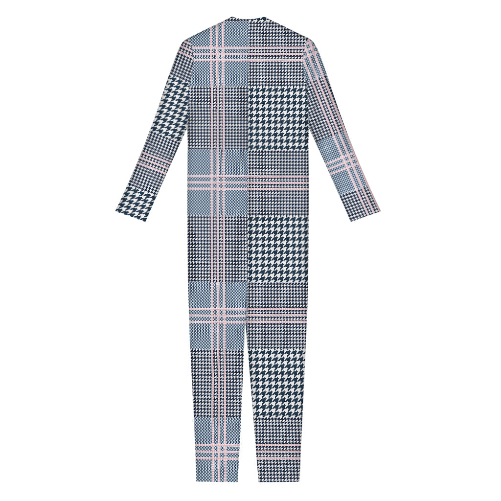 Navy And White Glen Plaid Print Jumpsuit