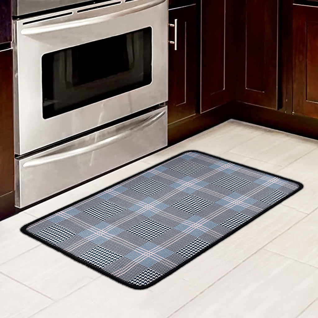Navy And White Glen Plaid Print Kitchen Mat