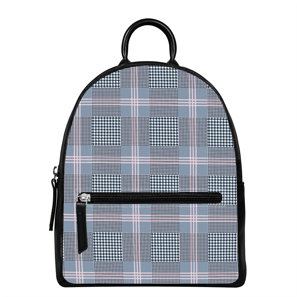 Navy And White Glen Plaid Print Leather Backpack