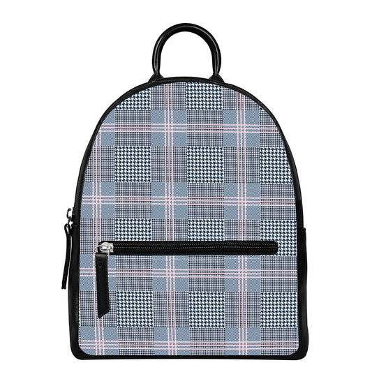 Navy And White Glen Plaid Print Leather Backpack