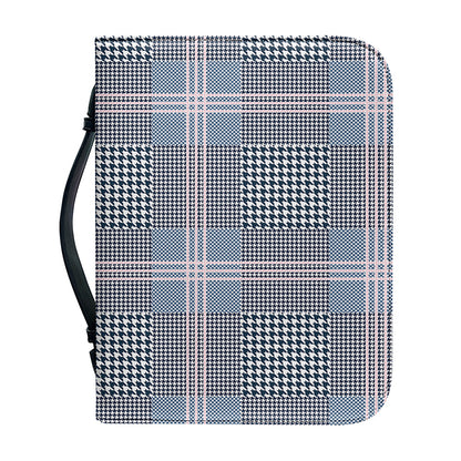 Navy And White Glen Plaid Print Leather Bible Cover