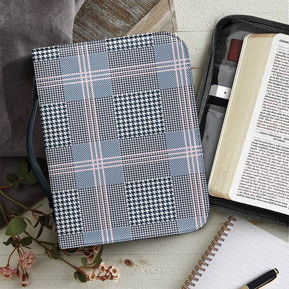 Navy And White Glen Plaid Print Leather Bible Cover