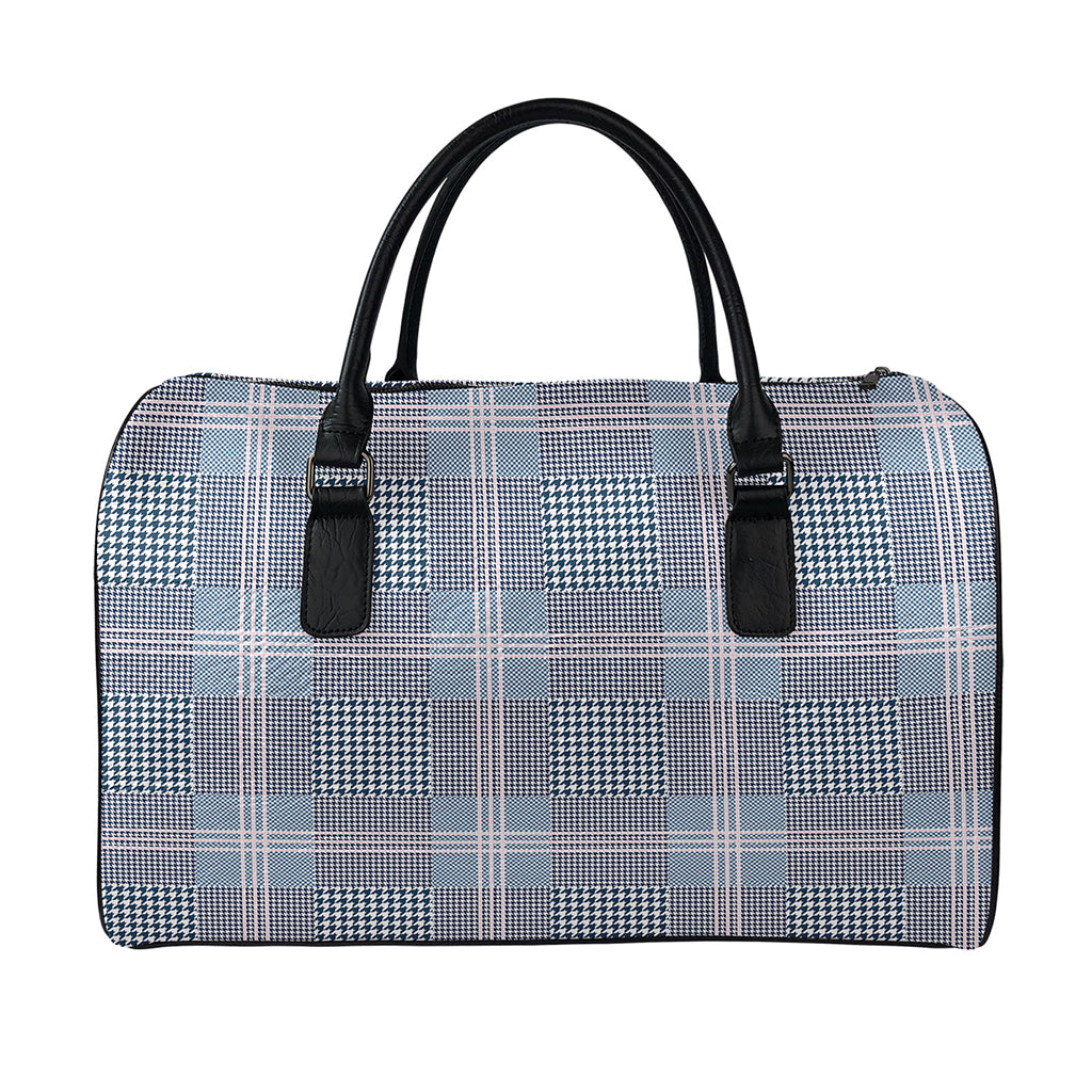 Navy And White Glen Plaid Print Leather Duffle Bag