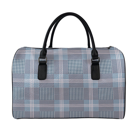 Navy And White Glen Plaid Print Leather Duffle Bag