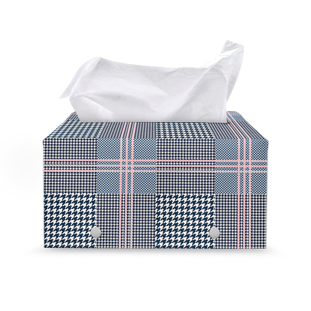 Navy And White Glen Plaid Print Leather Tissue Box Cover