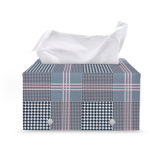 Navy And White Glen Plaid Print Leather Tissue Box Cover