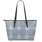 Navy And White Glen Plaid Print Leather Tote Bag