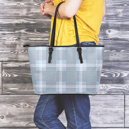 Navy And White Glen Plaid Print Leather Tote Bag