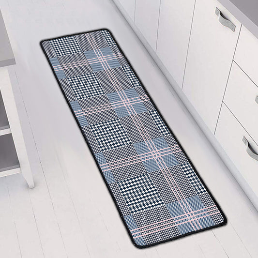 Navy And White Glen Plaid Print Long Kitchen Mat