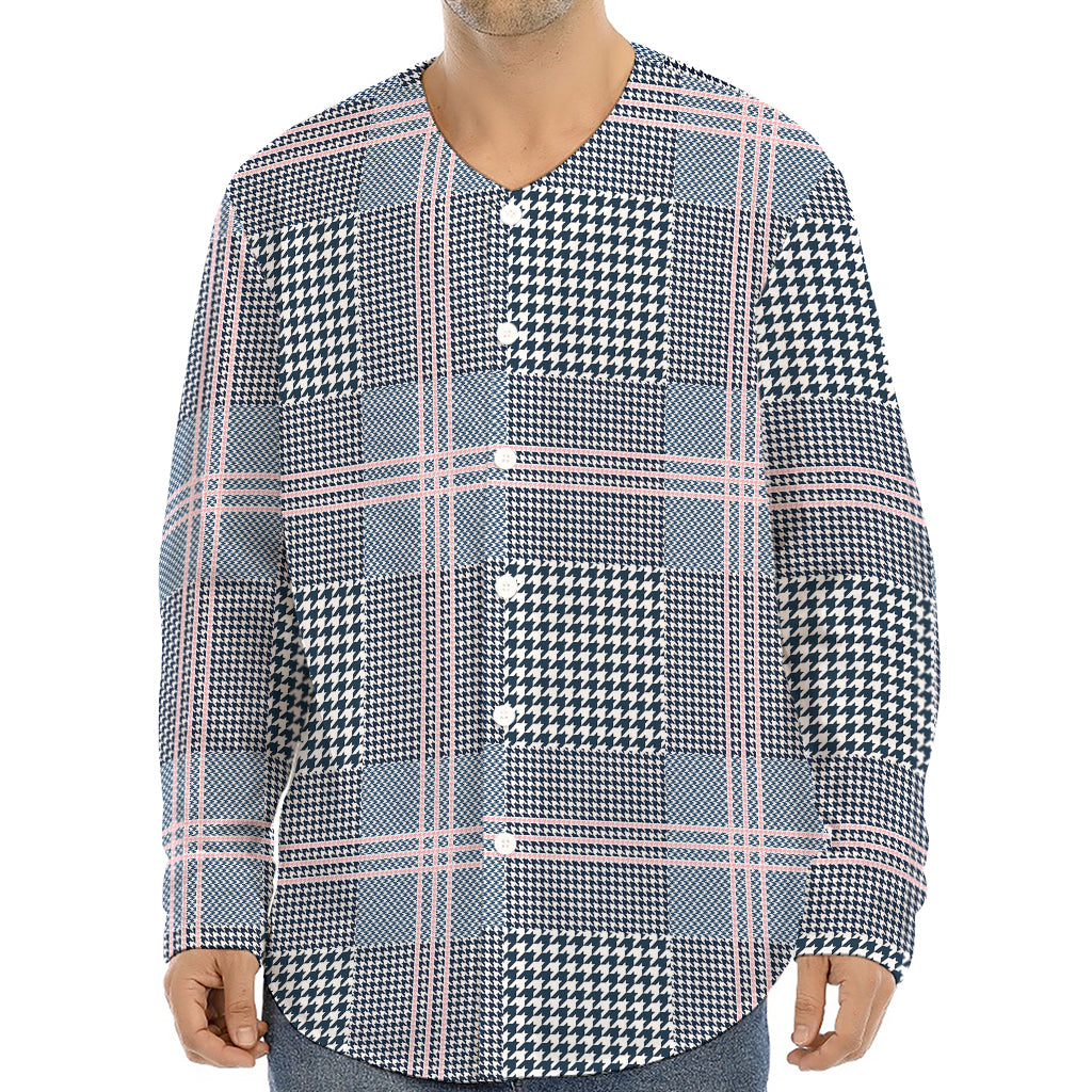 Navy And White Glen Plaid Print Long Sleeve Baseball Jersey