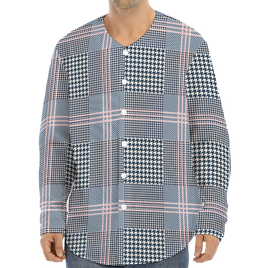 Navy And White Glen Plaid Print Long Sleeve Baseball Jersey