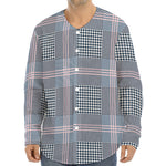 Navy And White Glen Plaid Print Long Sleeve Baseball Jersey
