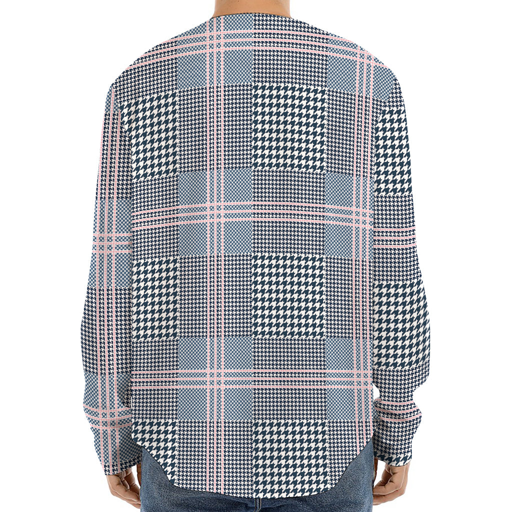 Navy And White Glen Plaid Print Long Sleeve Baseball Jersey