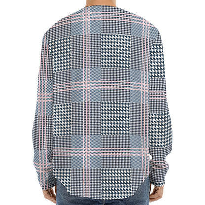 Navy And White Glen Plaid Print Long Sleeve Baseball Jersey