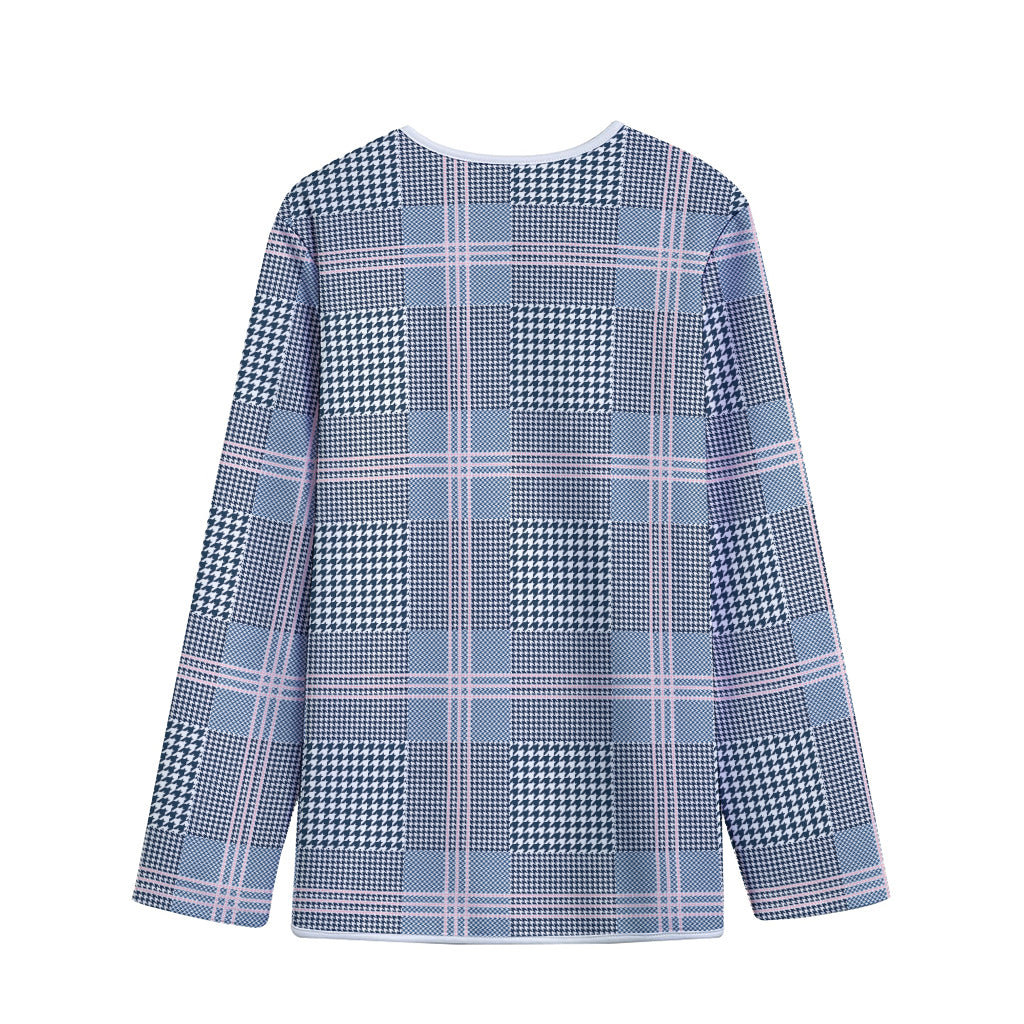 Navy And White Glen Plaid Print Long Sleeve Short Coat