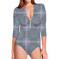 Navy And White Glen Plaid Print Long Sleeve Swimsuit