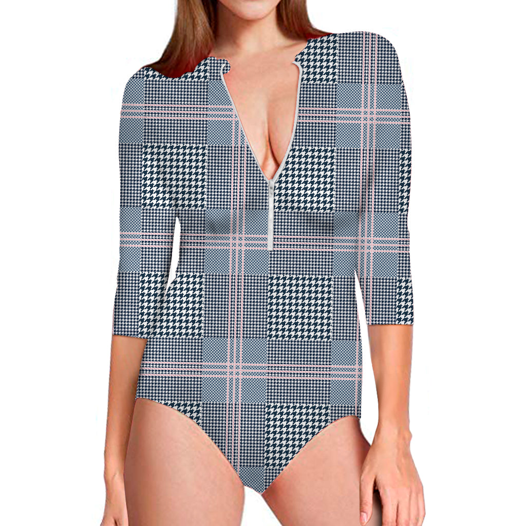 Navy And White Glen Plaid Print Long Sleeve Swimsuit