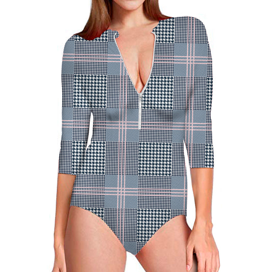 Navy And White Glen Plaid Print Long Sleeve Swimsuit