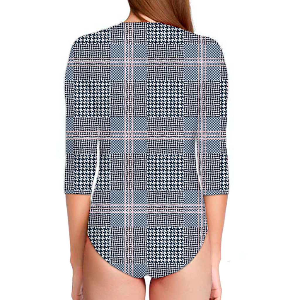 Navy And White Glen Plaid Print Long Sleeve Swimsuit