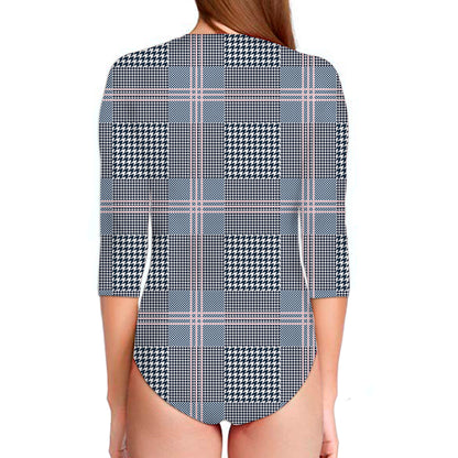 Navy And White Glen Plaid Print Long Sleeve Swimsuit