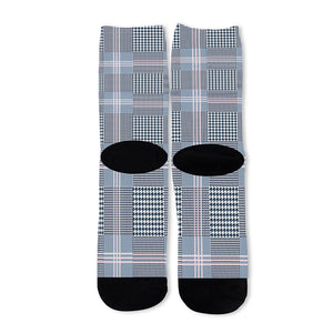 Navy And White Glen Plaid Print Long Socks