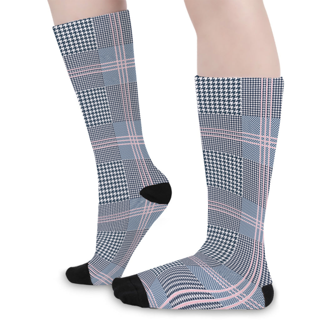 Navy And White Glen Plaid Print Long Socks