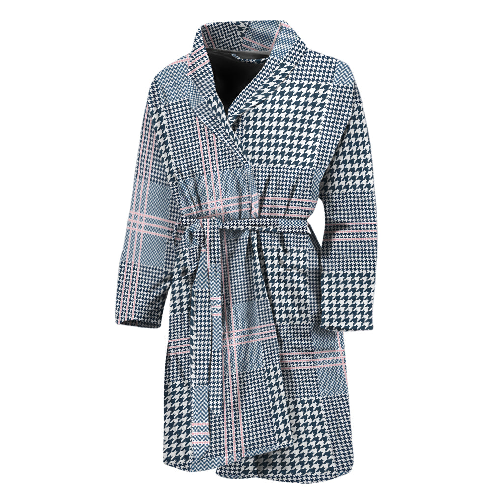 Navy And White Glen Plaid Print Men's Bathrobe