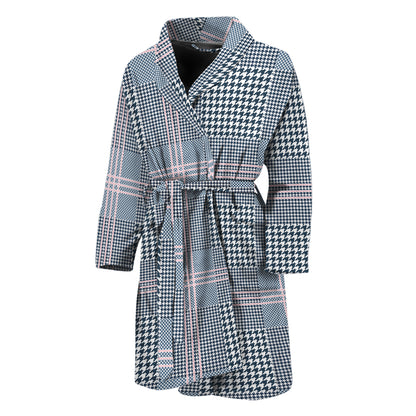 Navy And White Glen Plaid Print Men's Bathrobe