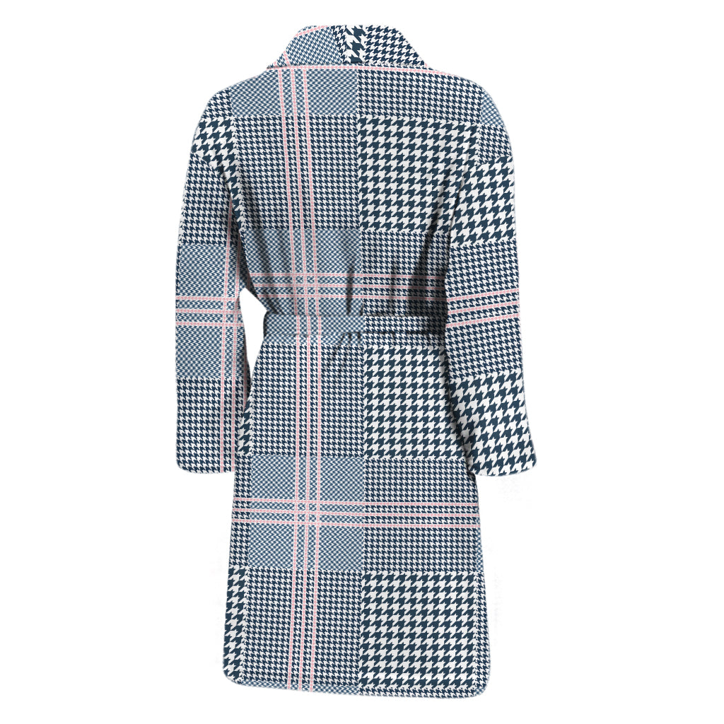 Navy And White Glen Plaid Print Men's Bathrobe