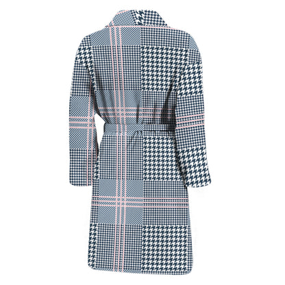 Navy And White Glen Plaid Print Men's Bathrobe