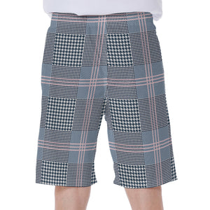 Navy And White Glen Plaid Print Men's Beach Shorts