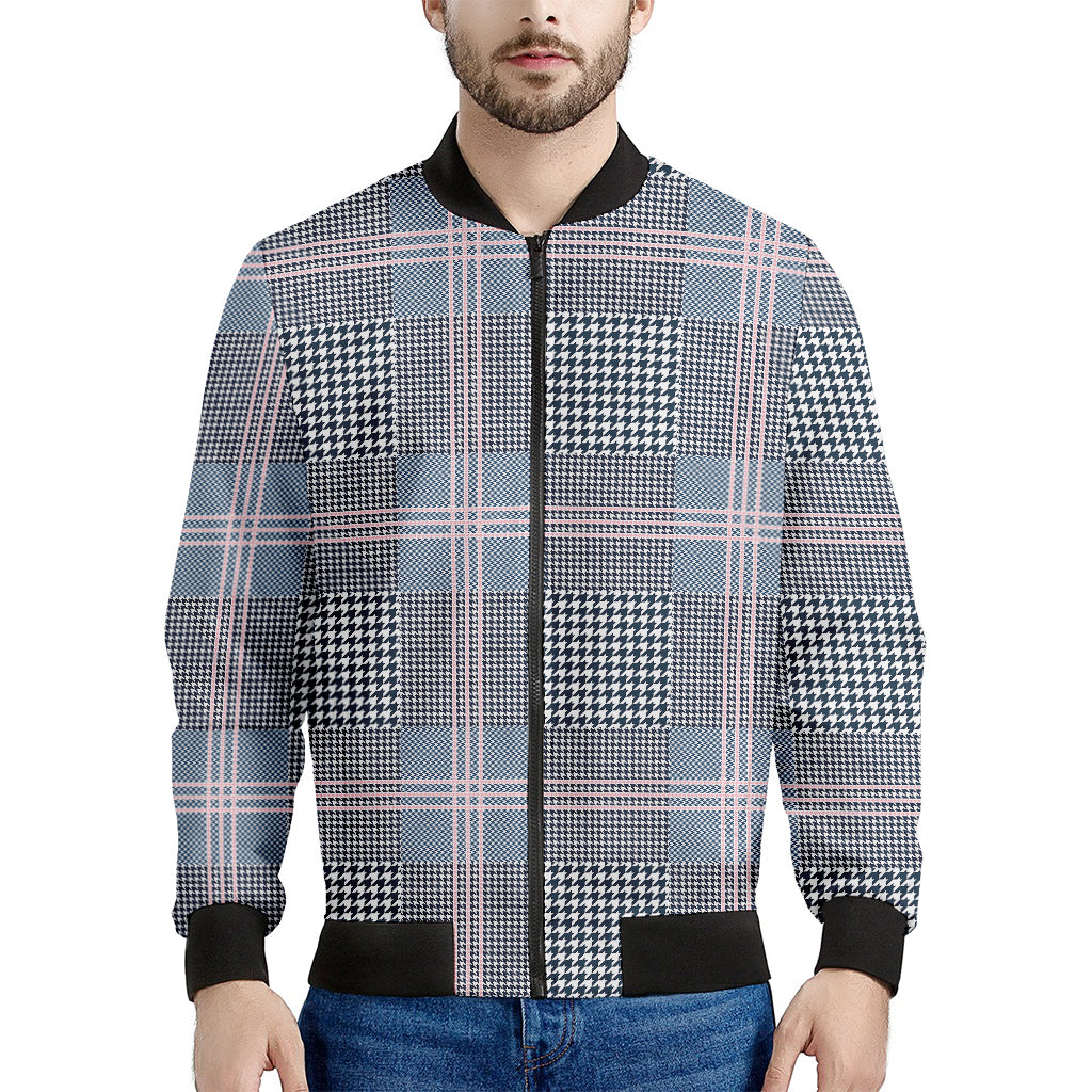 Navy And White Glen Plaid Print Men's Bomber Jacket