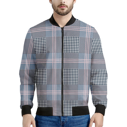 Navy And White Glen Plaid Print Men's Bomber Jacket
