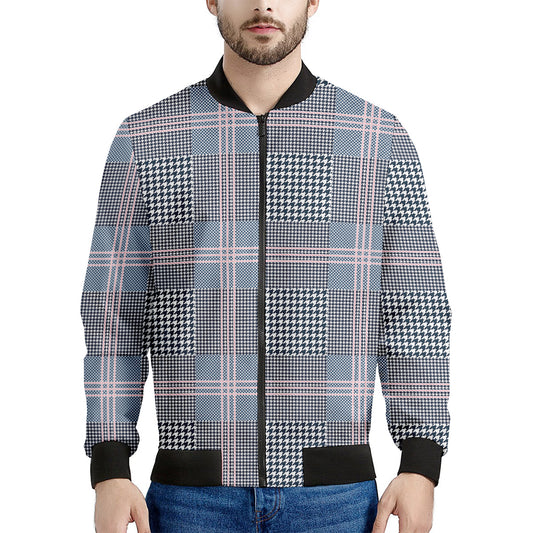 Navy And White Glen Plaid Print Men's Bomber Jacket