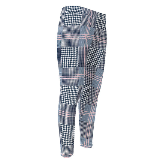 Navy And White Glen Plaid Print Men's Compression Pants