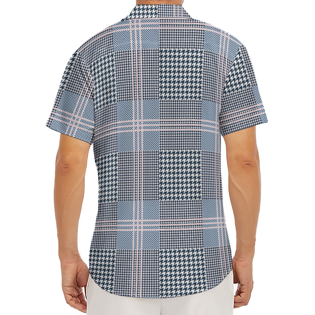 Navy And White Glen Plaid Print Men's Deep V-Neck Shirt